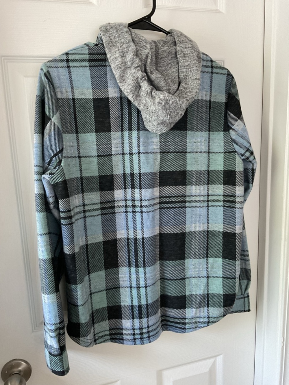 No Boundaries Plaid Hooded Jacket Shacket Blue Gray Women Large Cozy - Picture 5 of 10